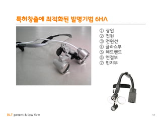 BLT patent & law firm
특허창출에 최적화된 발명기법 6HA
① 광원
② 전원
③ 전원선
④ 글라스부
⑤ 헤드밴드
⑥ 연결부
⑦ 힌지부
53
 