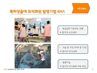 BLT patent & law firm
특허창출에 최적화된 발명기법 6HA
57
어디에서
• 응급실로 이송되는 상황
 환자의 쇼크상태
• 수술 중 각성 (마취 중 각성)
 환자의 의식상태
• 중환자실
 환자의 의식회복 여부 측정
 