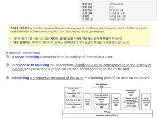 BLT patent & law firm
27
7,941,160 B2  -­-­ Location-­aware  fitness  training  device,  methods,  and  program  products  that  support  
real-­time  interactive  communication  and  automated  route  generation.  
• 웨어러블기기를 착용하고 있는 사람의 상태정보를 서버에 전송하는 방식에 특화된 특허권임
• 매우 광범위한 특허라고 판단되며,  문제는 ADIDAS가 이와 동급의 특허를 더 보유하고 있다는 것
A  method,  comprising:  
① a  server  receiving  a  description  of  an  activity  of  interest  to  a  user;;
② in  response  to  receiving  the  description,  identifying  a  route  corresponding  to  the  activity  of  
interest  and  presenting  a  graphical  element  corresponding  to  the  route;;  and
③ scheduling  a  prospective  traversal  of  the  route in  a  training  plan  of  the  user  on  the  server.
 