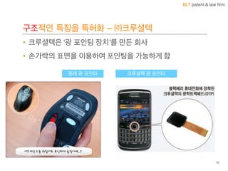 BLT patent & law firm
구조적인 특징을 특허화 – ㈜크루셜텍
• 크루셜텍은 ‘광 포인팅 장치’를 만든 회사
• 손가락의 표면을 이용하여 포인팅을 가능하게 함
종래 광 포인터 크루셜텍 광 포인터
42
 