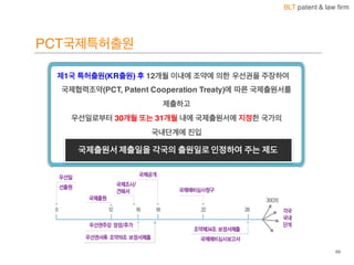 BLT patent & law firm
PCT국제특허출원
69
제1국 특허출원(KR출원) 후 12개월 이내에 조약에 의한 우선권을 주장하여
국제협력조약(PCT, Patent Cooperation Treaty)에 따른 국제출원서를
제출하고
우선일로부터 30개월 또는 31개월 내에 국제출원서에 지정한 국가의
국내단계에 진입
국제출원서 제출일을 각국의 출원일로 인정하여 주는 제도
 