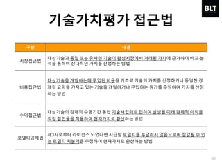 60
구분 내용
시장접근법
대상기술과 동일 또는 유사한 기술이 활성시장에서 거래된 가치에 근거하여 비교·분
석을 통하여 상대적인 가치를 산정하는 방법
비용접근법
대상기술을 개발하는데 투입된 비용을 기초로 기술의 가치를 산정하거나 동일한 경
제적 효익을 가지고 있는 기술을 개발하거나 구입하는 원가를 추정하여 가치를 산정
하는 방법
수익접근법
대상기술의 경제적 수명기간 동안 기술사업화로 인하여 발생될 미래 경제적 이익을
적정 할인율을 적용하여 현재가치로 환산하는 방법
로열티공제법
제3자로부터 라이선스 되었다면 지급할 로열티를 부담하지 않음으로써 절감될 수 있
는 로열티 지불액을 추정하여 현재가치로 환산하는 방법
기술가치평가 접근법
 