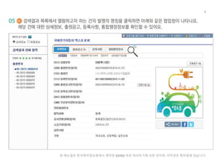 본 매뉴얼은 한국특허정보원에서 제작한 KIPRIS 바로 따라하기에 의한 것이며, 저작권은 특허청에 있습니다.
6
 