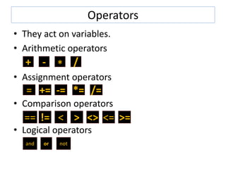 Operators
• They act on variables.
• Arithmetic operators
• Assignment operators
• Comparison operators
• Logical operators
+ - * /
= += -= *= /=
== != < > <> <= >=
and or not
 