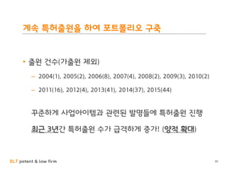 BLT patent & law firm
계속 특허출원을 하여 포트폴리오 구축
• 출원 건수(가출원 제외)
– 2004(1), 2005(2), 2006(8), 2007(4), 2008(2), 2009(3), 2010(2)
– 2011(16), 2012(4), 2013(41), 2014(37), 2015(44)
꾸준하게 사업아이템과 관련된 발명들에 특허출원 진행
최근 3년간 특허출원 수가 급격하게 증가! (양적 확대)
85
 