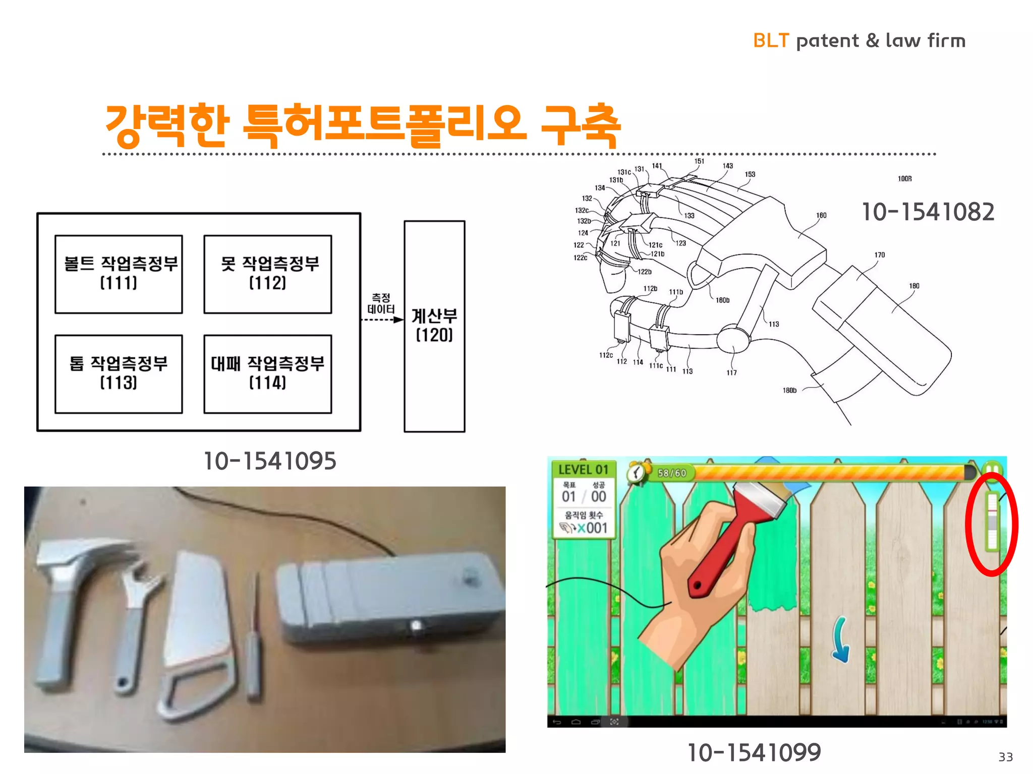 BLT patent & law firm
강력한 특허포트폴리오 구축
33
10-1541082
10-1541099
10-1541095
 