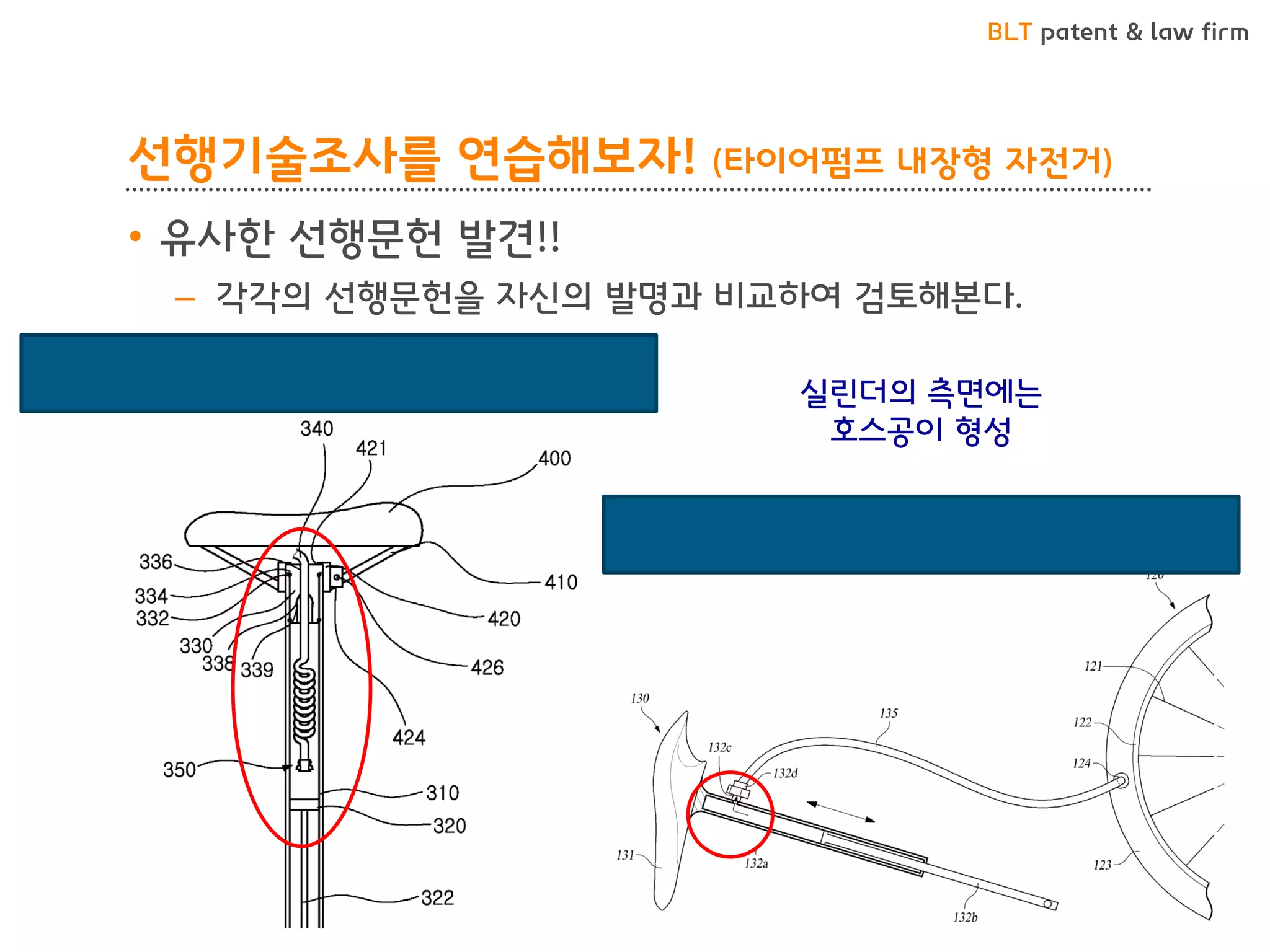 BLT patent & law firm
선행기술조사를 연습해보자! (타이어펌프 내장형 자전거)
• 유사한 선행문헌 발견!!
– 각각의 선행문헌을 자신의 발명과 비교하여 검토해본다.
10-1253878 (펌프가 구비된 자전거안장)
10-1247273 (자전거)
실린더의 측면에는
호스공이 형성
 