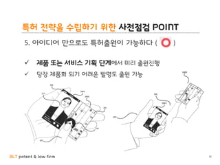BLT patent & law firm
특허 전략을 수립하기 위한 사전점검 POINT
10
5. 아이디어 만으로도 특허출원이 가능하다 ( )
✓ 제품 또는 서비스 기획 단계에서 미리 출원진행
✓ 당장 제품화 되기 어려운 발명도 출원 가능
 