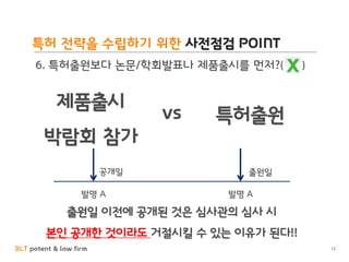 BLT patent & law firm
특허 전략을 수립하기 위한 사전점검 POINT
12
6. 특허출원보다 논문/학회발표나 제품출시를 먼저?( )
제품출시
박람회 참가
특허출원vs
발명 A 발명 A
출원일 이전에 공개된 것은 심사관의 심사 시
본인 공개한 것이라도 거절시킬 수 있는 이유가 된다!!
출원일공개일
 
