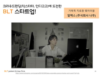 BLT patent & law firm 29
https://www.kickstarter.com/projects/891603560/alex-wearable-posture-tracker-and-coach?ref=city
크라우드펀딩(킥스타터, 인디고고)에 도전한
BLT 스타트업! 거북목 치료용 웨어러블
알렉스 (주식회사 나무)
 