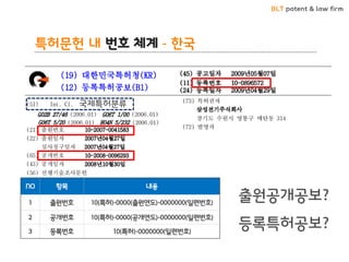 BLT patent & law firm
특허문헌 내 번호 체계 - 한국
출원공개공보?
등록특허공보?
국제특허분류
NO 항목 내용
1 출원번호 10(특허)-0000(출원연도)-0000000(일련번호)
2 공개번호 10(특허)-0000(공개연도)-0000000(일련번호)
3 등록번호 10(특허)-0000000(일련번호)
 