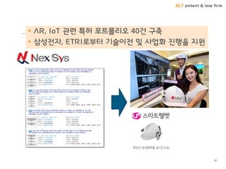 BLT patent & law firm
91
• AR, IoT 관련 특허 포트폴리오 40건 구축
• 삼성전자, ETRI로부터 기술이전 및 사업화 진행을 지원
 