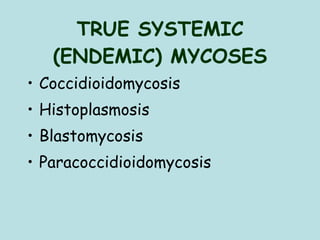 TRUE SYSTEMIC (ENDEMIC) MYCOSES Coccidioidomycosis Histoplasmosis Blastomycosis Paracoccidioidomycosis 