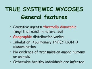 TRUE SYSTEMIC MYCOSES General features Causative agents:  thermally dimorphic  fungi that exist in nature, soil Geographic  distribution varies Inhalation   pulmonary INFECTION    dissemination  No evidence of transmission among humans or animals Otherwise healthy individuals are infected 