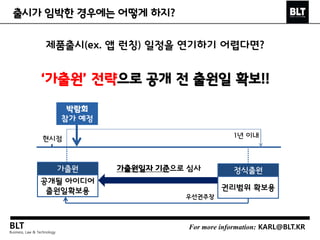 BLT
Business, Law & Technology
For more information: KARL@BLT.KR
제품출시(ex. 앱 런칭) 일정을 연기하기 어렵다면?
‘가출원’ 전략으로 공개 전 출원일 확보!!
출시가 임박한 경우에는 어떻게 하지?
가출원 정식출원
1년 이내
공개될 아이디어
출원일확보용 권리범위 확보용
우선권주장
가출원일자 기준으로 심사
박람회
참가 예정
현시점
 