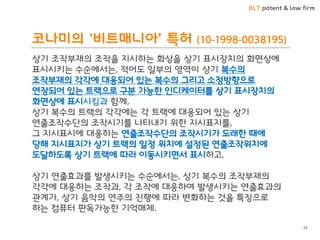 BLT patent & law firm
코나미의 ‘비트매니아’ 특허 (10-1998-0038195)
25
상기 조작부재의 조작을 지시하는 화상을 상기 표시장치의 화면상에
표시시키는 수순에서는, 적어도 일부의 영역이 상기 복수의
조작부재의 각각에 대응되어 있는 복수의 그리고 소정방향으로
연장되어 있는 트랙으로 구분 가능한 인디케이터를 상기 표시장치의
화면상에 표시시킴과 함께,
상기 복수의 트랙의 각각에는 각 트랙에 대응되어 있는 상기
연출조작수단의 조작시기를 나타내기 위한 지시표지를,
그 지시표시에 대응하는 연출조작수단의 조작시기가 도래한 때에
당해 지시표지가 상기 트랙의 일정 위치에 설정된 연출조작위치에
도달하도록 상기 트랙에 따라 이동시키면서 표시하고,
상기 연출효과를 발생시키는 수순에서는, 상기 복수의 조작부재의
각각에 대응하는 조작과, 각 조작에 대응하여 발생시키는 연출효과의
관계가, 상기 음악의 연주의 진행에 따라 변화하는 것을 특징으로
하는 컴퓨터 판독가능한 기억매체.
 