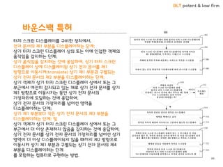 BLT patent & law firm
바운스백 특허
89
터치 스크린 디스플레이를 구비한 장치에서,
전자 문서의 제1 부분을 디스플레이하는 단계;
상기 터치 스크린 디스플레이 상의 또는 이에 인접한 객체의
움직임을 감지하는 단계;
상기 움직임을 감지하는 것에 응답하여, 상기 터치 스크린
디스플레이 상에 디스플레이된 상기 전자 문서를 제1
방향으로 이동시켜(translate) 상기 제1 부분과 구별되는
상기 전자 문서의 제2 부분을 디스플레이하는 단계;
상기 객체가 상기 터치 스크린 디스플레이 상에서 또는 그
부근에서 여전히 감지되고 있는 채로 상기 전자 문서를 상기
제1 방향으로 이동시키는 동안 상기 전자 문서의
가장자리에 도달하는 것에 응답하여,
상기 전자 문서의 가장자리를 넘어선 영역을
디스플레이하는 단계;
상기 제1 부분보다 작은 상기 전자 문서의 제3 부분을
디스플레이하는 단계; 및
상기 객체가 상기 터치 스크린 디스플레이 상에서 또는 그
부근에서 더 이상 존재하지 않음을 감지하는 것에 응답하여,
상기 전자 문서를 상기 전자 문서의 가장자리를 넘어선 상기
영역이 더 이상 디스플레이되지 않을 때까지 제2 방향으로
이동시켜 상기 제1 부분과 구별되는 상기 전자 문서의 제4
부분을 디스플레이하는 단계
를 포함하는 컴퓨터로 구현하는 방법.
 