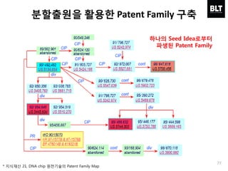 77
* 지식재산 21, DNA chip 원천기술의 Patent Family Map
분할출원을 활용한 Patent Family 구축
하나의 Seed Idea로부터
파생된 Patent Family
 