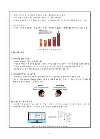 - 4 -
ㅇ 한국은 언어적 한계로 인하여, 특허조사 시장의 메인마켓이 될 수 없음
- 내수 시장의 한계 극복을 위해 미국 시장으로의 진출 지원 필요
- 국제적 특허분쟁은 전 세계에서 동시다발적으로 발생하고 있으며, 중소기업 특허소송 피소가 급증
(2) 미국시장 국가 선정
ㅇ 미국은 국제적 특허분쟁의 중심이며, 특허조사 시장(5조원, 2015)의 메인마켓은 미국임(약 60% 비중)
<글로벌 특허 소송 건수 추이>
2. 타깃층 분석
(1) 미국기업 상대 마케팅
- PatentKo.com의 온라인 마케팅을 개시
- 영문으로 서비스가 제공되며, 2단계로 구성되는 서비스 이용절차로 인하여 사용자가 증가할 것으로 예상됨
- Google 로그인, Facebook 로그인, Linkedin 로그인 등의 간편한 로그인절차를 사용하도록 함
- 월 3회 무료사용 기회를 제공하고, 무료사용시 위 SNS 담벼락에 사용기록
(2) 미국 특허사무소 상대 마케팅
- 참여기관인 비엘티 특허법률사무소의 해외 특허전문가 네트워크를 활용하여 마케팅을 진행
- INTA 2014 Annual Meeting (7000여명) 외국 변호사 DB정보 링크드인, 페이스북 등의 SNS채널을
통해 해외 전문가들에게 홍보활동을 개시
(3) 미국시장 기술 수익 전략
ㅇ 알고리즘 특허 공개 및 등록으로 인한 차기 빅데이터 활용 기술에 대한 라이센싱 수익 창출 (특허출원 4~6건 진행)
ㅇ 빅데이터 기술의 실용화의 선두로서, 출원 시 넓은 권리범위 설정이 가능
<빅데이터를 활용한 특허무효조사 툴킷의 특허화>
 