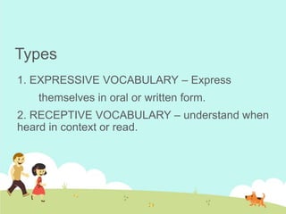 Types
1. EXPRESSIVE VOCABULARY – Express
themselves in oral or written form.
2. RECEPTIVE VOCABULARY – understand when
heard in context or read.
 