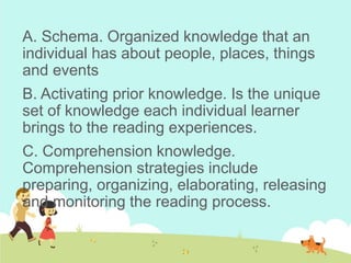 A. Schema. Organized knowledge that an
individual has about people, places, things
and events
B. Activating prior knowledge. Is the unique
set of knowledge each individual learner
brings to the reading experiences.
C. Comprehension knowledge.
Comprehension strategies include
preparing, organizing, elaborating, releasing
and monitoring the reading process.
 
