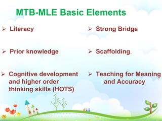 MTB-MLE Basic Elements
 Prior knowledge
 Cognitive development
and higher order
thinking skills (HOTS)
 Strong Bridge
 Scaffolding.
 Teaching for Meaning
and Accuracy
 Literacy
 