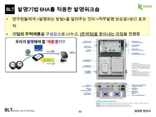BLT 
특허경영 4단계 
도입단계 양적확대 질적확대 특허경영 
<도입단계> 미션 
•특허관리 겸임인력 선임 
•특허교육 / 발명교육 
•발명대회 (It’s Fun~!!) 
•특허조사 방법교육 
효과 
•창의적인 문화조성 
•동기부여 
•기술개발 동력 
당장 시급하지 않음? 
일단, 돈 안 드는 것부터… 
BLTBusiness, Law & Technology 60 엄정한 변리사 
 