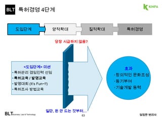 BLT 
특허경영 4단계 
도입단계 양적확대 질적확대 특허경영 
다출원 
-출원 수 급증 
-출원당 투자비용 최소화(KR출원, PCT only) 
BLTBusiness, Law & Technology 63 엄정한 변리사 
 