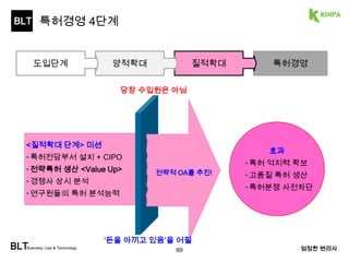 BLT 
특허경영 4단계 
도입단계 양적확대 질적확대 특허경영 
꾸준한 투자가 쉽지 않음 
<특허경영 단계> 미션 
•라이센싱 부서 설치 
•침해자 상시분석, 상시경고 
•특허전략가 스카우트, 양성 
•연구원들의 특허 활용능력 
효과 
•시장지배력 확보 
•압도적 특허경쟁력 
•라이센싱, 소송수입 
‘신규기업들의 위협적 등장’을 어필 
BLTBusiness, Law & Technology 69 엄정한 변리사 
 