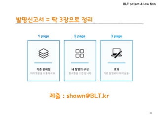 BLT patent & law firm
발명신고서 = 딱 3장으로 정리
48
내 발명의 구성
청구항을 쓰면 됩니다.
2 page1 page
기존 문제점
대의명분을 도출하세요.
효과
기존 발명보다 뛰어남을!
3 page
제출 : shawn@BLT.kr
 