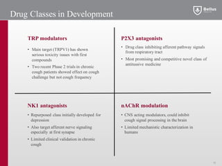 13
TRP modulators
• Main target (TRPV1) has shown
serious toxicity issues with first
compounds
• Two recent Phase 2 trials in chronic
cough patients showed effect on cough
challenge but not cough frequency
NK1 antagonists
• Repurposed class initially developed for
depression
• Also target afferent nerve signaling
especially at first synapse
• Limited clinical validation in chronic
cough
P2X3 antagonists
• Drug class inhibiting afferent pathway signals
from respiratory tract
• Most promising and competitive novel class of
antitussive medicine
nAChR modulation
• CNS acting modulators, could inhibit
cough signal processing in the brain
• Limited mechanistic characterization in
humans
Drug Classes in Development
13
 