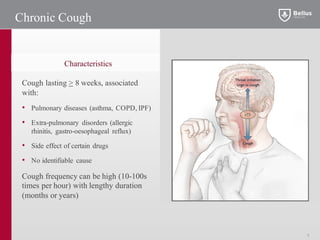 Chronic Cough
5
Characteristics
Cough lasting > 8 weeks, associated
with:
• Pulmonary diseases (asthma, COPD, IPF)
• Extra-pulmonary disorders (allergic
rhinitis, gastro-oesophageal reflux)
• Side effect of certain drugs
• No identifiable cause
Cough frequency can be high (10-100s
times per hour) with lengthy duration
(months or years)
5
 