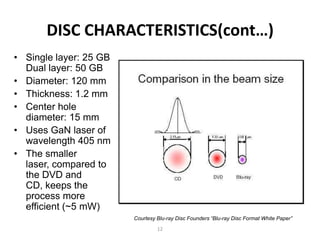 DISC CHARACTERISTICS(cont…)
• Single layer: 25 GB
  Dual layer: 50 GB
• Diameter: 120 mm
• Thickness: 1.2 mm
• Center hole
  diameter: 15 mm
• Uses GaN laser of
  wavelength 405 nm
• The smaller
  laser, compared to
  the DVD and
  CD, keeps the
  process more
  efficient (~5 mW)
                        Courtesy Blu-ray Disc Founders “Blu-ray Disc Format White Paper”
                                 12
 