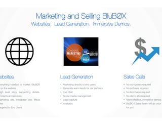 Marketing and Selling BluBØX 
Websites. Lead Generation. Immersive Demos. 
Websites 
Sales Calls 
Lead Generation 
• Everything needed to market BluBØX 
is on the website 
• High level story, supporting details, 
products and services 
• Marketing site, Integrator site, Micro 
sites 
• Targeted to End Users 
• Marketing directly to end users 
• Generate warm leads for our partners 
• Live chat 
• Social media management 
• Lead capture 
• Analytics 
• No computers required 
• No software required 
• No brochures required 
• No demo kits required 
• More effective, immersive demos 
• BluBØX Sales team will do your demo 
for you 
 