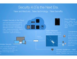 Security 4.0 is the Next Era. 
New architecture. New technology. New benefits. 
Hosted Security in the Cloud 
True Mobile Security 
Person Reader 
Conventional Devices 
Unlock the door with your 
phone. Notify distribution 
groups via email and text. 
Remotely monitor and 
control all portals, elevators 
and alarms from any 
device, anywhere, anytime, 
any browser. 
All IP based. Plug ‘n play into 
existing network infrastructure. 
Camera Appliance + VaaS 
Less onsite equipment to worry about. 
More and better computing power for 
less. More advanced capabilities. All 
applications pre-exist. No software to 
install. Updates are automatic. Built in 
redundancy and high availability. 
Collaboration, speed and efficiency. 
100% system functionality is available on 
any device, anywhere, anytime, any 
browser. All applications are unified, web 
based and cover all major security 
functions. 
Open Hardware 
Person readers can supplement 
or replace card readers for a 
more secure, convenient and 
natural experience. No more 
cards! 
Recording, analytics and playback are done at the 
camera. “Important” video is sent to the cloud. 
Internet 
connection 
TM 
 