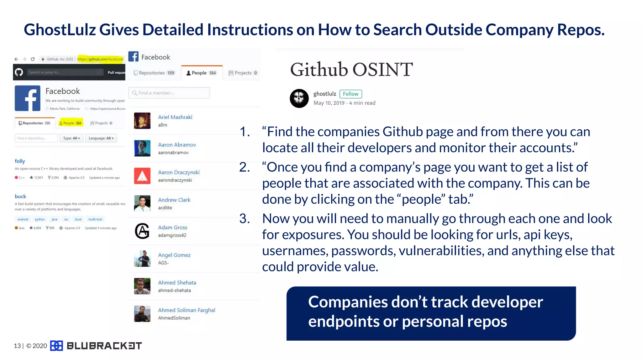 GhostLulz Gives Detailed Instructions on How to Search Outside Company Repos.
1. “Find the companies Github page and from there you can
locate all their developers and monitor their accounts.”
2. “Once you ﬁnd a company’s page you want to get a list of
people that are associated with the company. This can be
done by clicking on the “people” tab.”
3. Now you will need to manually go through each one and look
for exposures. You should be looking for urls, api keys,
usernames, passwords, vulnerabilities, and anything else that
could provide value.
Companies don’t track developer
endpoints or personal repos
13 | © 2020
 
