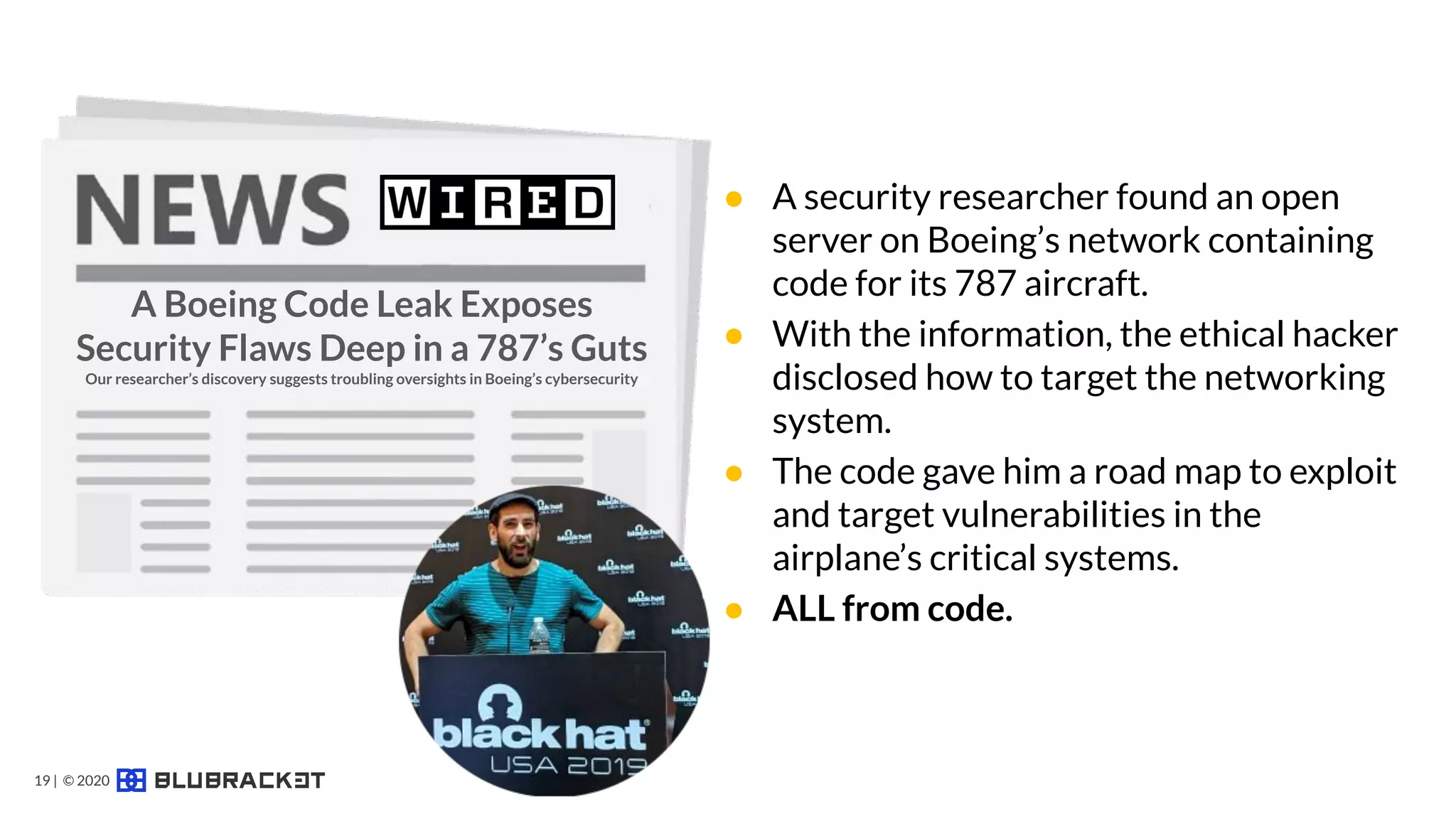 Code Security
Threat #1
● A security researcher found an open
server on Boeing’s network containing
code for its 787 aircraft.
● With the information, the ethical hacker
disclosed how to target the networking
system.
● The code gave him a road map to exploit
and target vulnerabilities in the
airplane’s critical systems.
● ALL from code.
19 | © 2020
A Boeing Code Leak Exposes
Security Flaws Deep in a 787’s Guts
Our researcher’s discovery suggests troubling oversights in Boeing’s cybersecurity
 