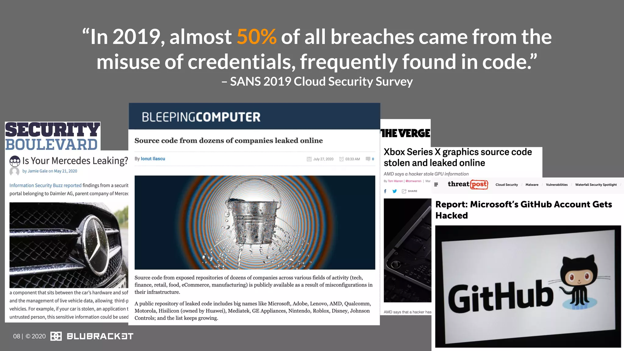 “In 2019, almost 50% of all breaches came from the
misuse of credentials, frequently found in code.”
– SANS 2019 Cloud Security Survey
08 | © 2020
 