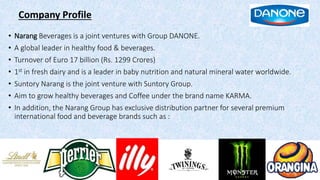 Company Profile
• Narang Beverages is a joint ventures with Group DANONE.
• A global leader in healthy food & beverages.
• Turnover of Euro 17 billion (Rs. 1299 Crores)
• 1st in fresh dairy and is a leader in baby nutrition and natural mineral water worldwide.
• Suntory Narang is the joint venture with Suntory Group.
• Aim to grow healthy beverages and Coffee under the brand name KARMA.
• In addition, the Narang Group has exclusive distribution partner for several premium
international food and beverage brands such as :
 
