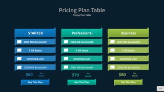 Pricing Plan Table
Pricing Plan Table
106
STARTER
$60 Per
Month
Get This Plan
2000 MB Bandwidth
5 GB Space
Professional
$70 Per
Month
Get This Plan
2000 MB Bandwidth
5 GB Space
Unlimited User
Business
$80 Per
Month
Get This Plan
2000 MB Bandwidth
5 GB Space
Unlimited User
2000 MB Bandwidth
Unlimited User
2000 MB Bandwidth 2000 MB Bandwidth
 