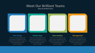 11
Meet Our Brilliant Teams
Meet Our Brilliant Teams
Web Design
There are many variations of
Lorem Ipsum available, but the
majority have suffered There are
many variations of Lorem
Ipsum available,
Mobile Apps
There are many variations of
Lorem Ipsum available, but the
majority have suffered There are
many variations of Lorem
Ipsum available
Data Analysis
There are many variations of
Lorem Ipsum available, but the
majority have suffered There are
many variations of Lorem
Ipsum available
Management
There are many variations of
Lorem Ipsum available, but the
majority have suffered There are
many variations of Lorem
Ipsum available
 