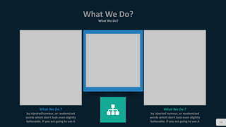 13
What We Do?
What We Do?
What We Do ?
by injected humour, or randomized
words which don't look even slightly
believable. If you are going to use A
What We Do ?
by injected humour, or randomized
words which don't look even slightly
believable. If you are going to use A
 