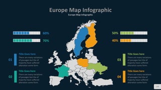 Europe Map Infographic
Europe Map Infographic
138
60%
40%
50%
70%
01
Title Goes here
There are many variations
of passages but the of
majority have suffered
alteration some form
03
Title Goes here
There are many variations
of passages but the of
majority have suffered
alteration some form.
02
Title Goes here
There are many variations
of passages but the of
majority have suffered
alteration some form.
04
Title Goes here
There are many variations
of passages but the of
majority have suffered
alteration some form.
 