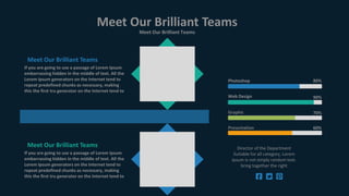 Meet Our Brilliant Teams
Meet Our Brilliant Teams
Director of the Department
Suitable for all category, Lorem
Ipsum is not simply random text.
bring together the right
Photoshop 80%
Web Design 90%
Graphic 70%
Presentation 60%
If you are going to use a passage of Lorem Ipsum
embarrassing hidden in the middle of text. All the
Lorem Ipsum generators on the Internet tend to
repeat predefined chunks as necessary, making
this the first tru generator on the Internet tend to
Meet Our Brilliant Teams
If you are going to use a passage of Lorem Ipsum
embarrassing hidden in the middle of text. All the
Lorem Ipsum generators on the Internet tend to
repeat predefined chunks as necessary, making
this the first tru generator on the Internet tend to
Meet Our Brilliant Teams
 