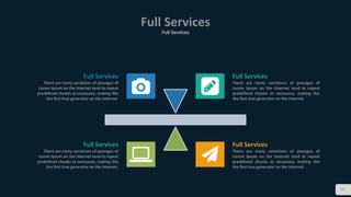 Full Services
Full Services
37
Full Services
There are many variations of passages of
Lorem Ipsum on the Internet tend to repeat
predefined chunks as necessary, making this
the first true generator on the Internet.
Full Services
There are many variations of passages of
Lorem Ipsum on the Internet tend to repeat
predefined chunks as necessary, making this
the first true generator on the Internet.
Full Services
There are many variations of passages of
Lorem Ipsum on the Internet tend to repeat
predefined chunks as necessary, making this
the first true generator on the Internet.
Full Services
There are many variations of passages of
Lorem Ipsum on the Internet tend to repeat
predefined chunks as necessary, making this
the first true generator on the Internet.
 