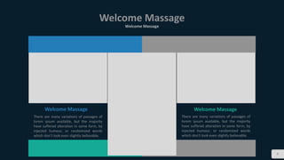 4
Welcome Massage
Welcome Massage
Welcome Massage
There are many variations of passages of
lorem ipsum available, but the majority
have suffered alteration in some form, by
injected humour, or randomized words
which don't look even slightly believable.
Welcome Massage
There are many variations of passages of
lorem ipsum available, but the majority
have suffered alteration in some form, by
injected humour, or randomized words
which don't look even slightly believable.
 