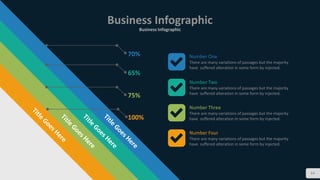 64
Business Infographic
Business Infographic
70%
65%
75%
100%
Number One
There are many variations of passages but the majority
have suffered alteration in some form by injected.
Number Two
There are many variations of passages but the majority
have suffered alteration in some form by injected.
Number Three
There are many variations of passages but the majority
have suffered alteration in some form by injected.
Number Four
There are many variations of passages but the majority
have suffered alteration in some form by injected.
 