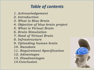 Table of contents
1. Acknowledgement
2. Introduction
3. What is Blue Brain
4. Objective of blue brain project
5. What is Virtual Brain
6. Brain Simulation
7. Need of Virtual Brain
8. Infrastructure
9. Uploading human brain
10. Nanobots
11. Requirement Specification
12. Advantages
13. Disadvantages
14.Conclusion

 