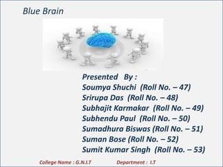 Blue Brain

Presented By :
Soumya Shuchi (Roll No. – 47)
Srirupa Das (Roll No. – 48)
Subhajit Karmakar (Roll No. – 49)
Subhendu Paul (Roll No. – 50)
Sumadhura Biswas (Roll No. – 51)
Suman Bose (Roll No. – 52)
Sumit Kumar Singh (Roll No. – 53)
College Name : G.N.I.T

Department : I.T

 