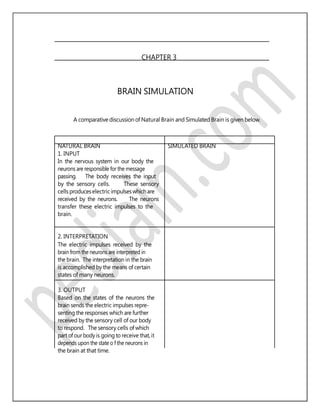 CHAPTER 3
BRAIN SIMULATION
A comparative discussion of Natural Brain and Simulated Brain is given below.
NATURAL BRAIN SIMULATED BRAIN
1. INPUT
In the nervous system in our body the
neurons are responsible for the message
passing. The body receives the input
by the sensory cells. These sensory
cells produceselectric impulseswhichare
received by the neurons. The neurons
transfer these electric impulses to the
brain.
2. INTERPRETATION
The electric impulses received by the
brain from the neurons are interpreted in
the brain. The interpretation in the brain
is accomplished by the means of certain
states of many neurons.
3. OUTPUT
Based on the states of the neurons the
brain sends the electric impulses repre-
senting the responses which are further
received by the sensory cell of our body
to respond. The sensory cells of which
part of our body is going to receive that, it
depends upon the state o f the neurons in
the brain at that time.
 